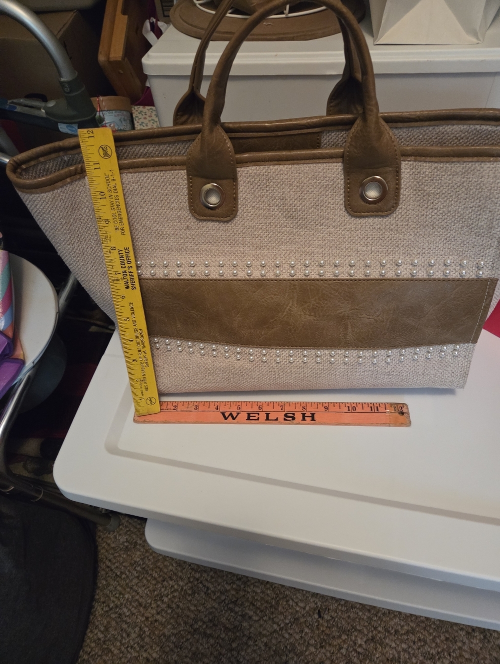 Cream Canvas Tote with Brown Trim and Stud Accents
